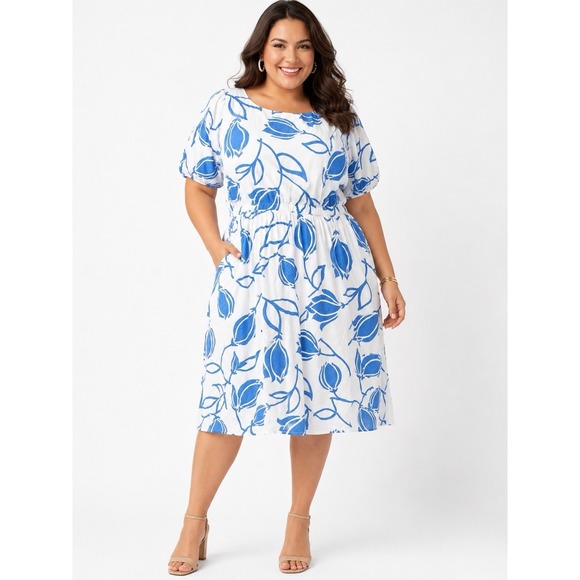 Lane Bryant Dresses & Skirts - Lane Bryant Womens Plus Size 22 Blue White Floral Linen Fit Flare Dress Boatneck